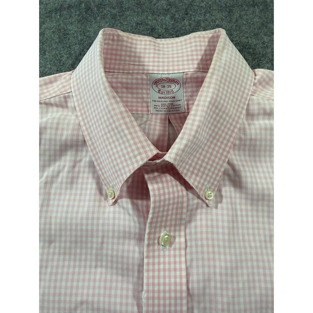 Brooks Brothers Madison Shirt Mens 18 35 Pink Gingham Non-Iron Supima Cotton